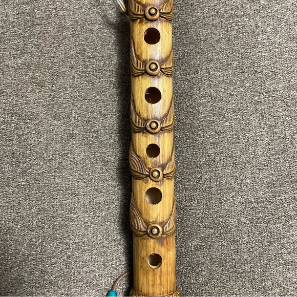 Vintage Hand Carved Wooden Flute with Leather Ties Feathers & Turquoise Beads - Picture 11 of 16